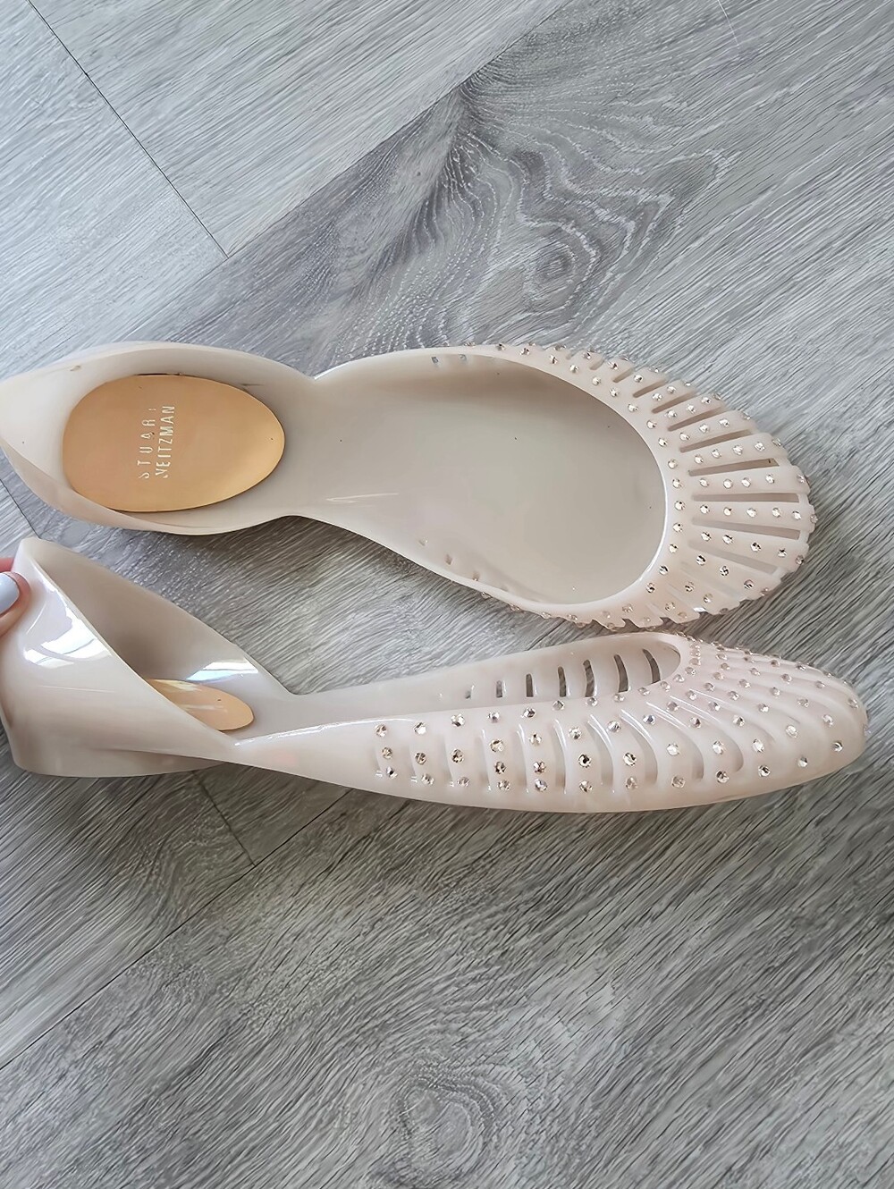 Stuart Weitzman "Jealous" jelly flats in a nude/beige  Swarovski  39 /8